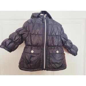 Toddlers girls Pink platinum puffer foil navy jacket size 12 months
